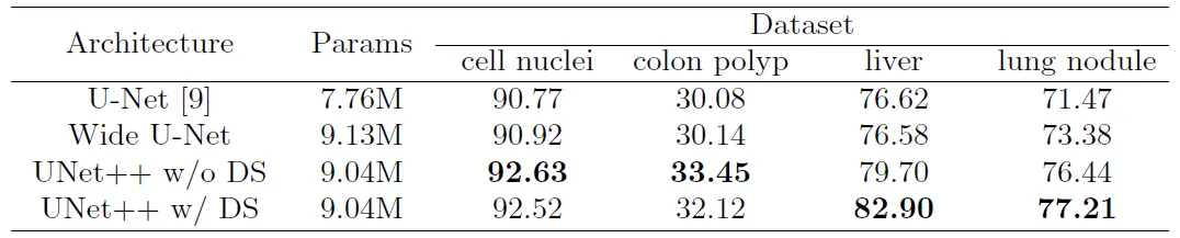 IoU Segmentation results for UNet++, Wide U-Net, and U-Net
