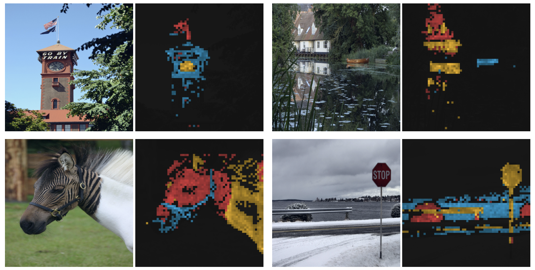 Examples of last layer self attention maps that show emergent object segmentation properties (Caron, et al.).